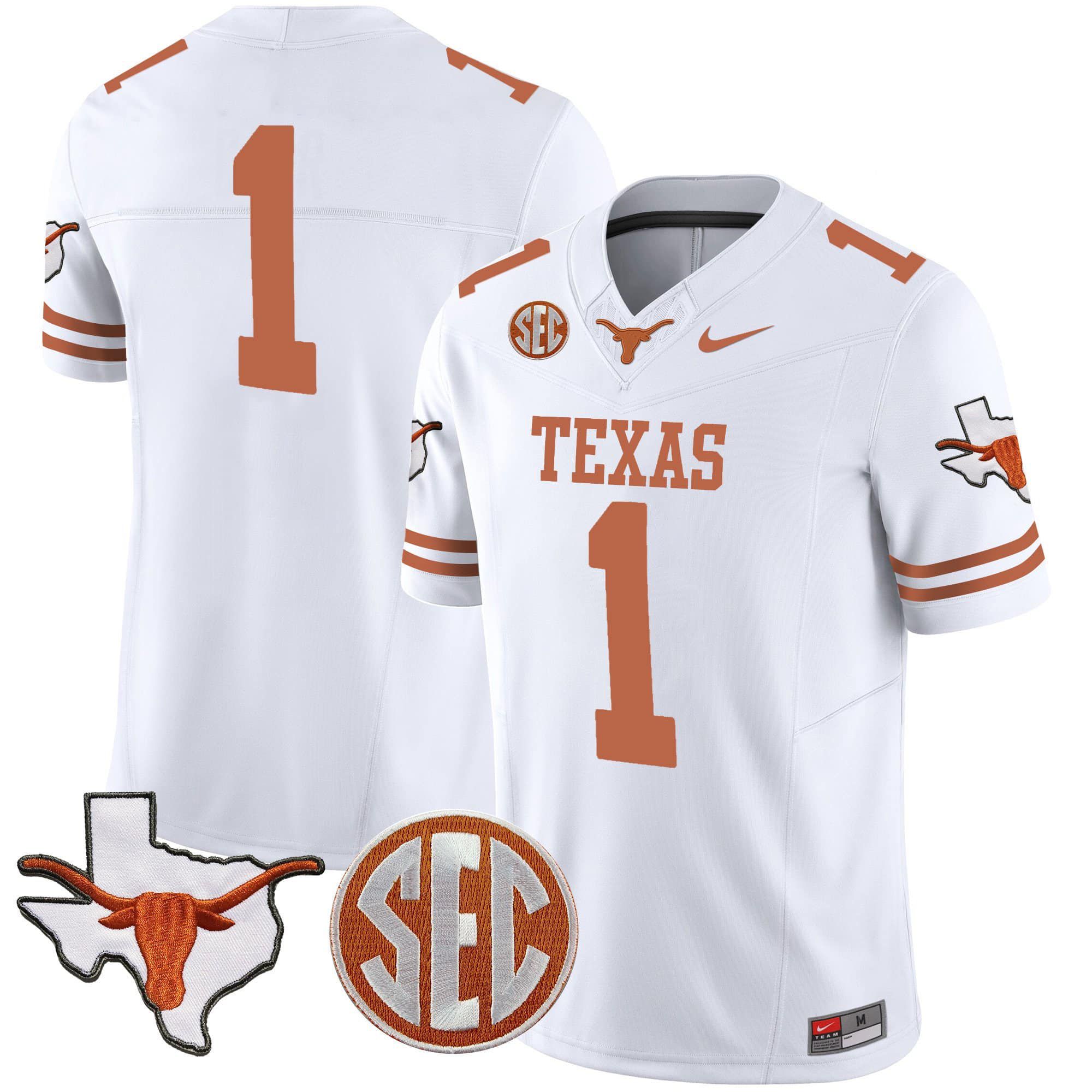 Men Texas Longhorns #1 No Name White 2024 Nike State Map & SEC Patch Vapor NCAA Jersey
